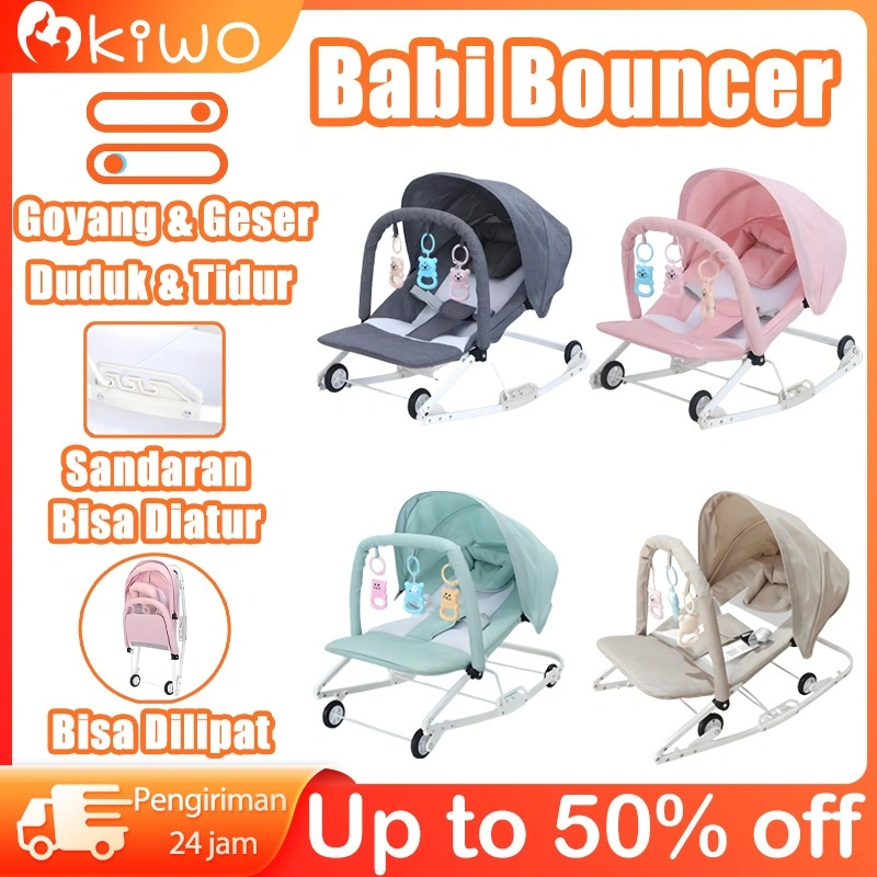 Rocking Chair Bayi Goyang Geser 3 Level Penyesuaian Lipat Praktis Kanopi Roda PU Senyap Anti Gerah