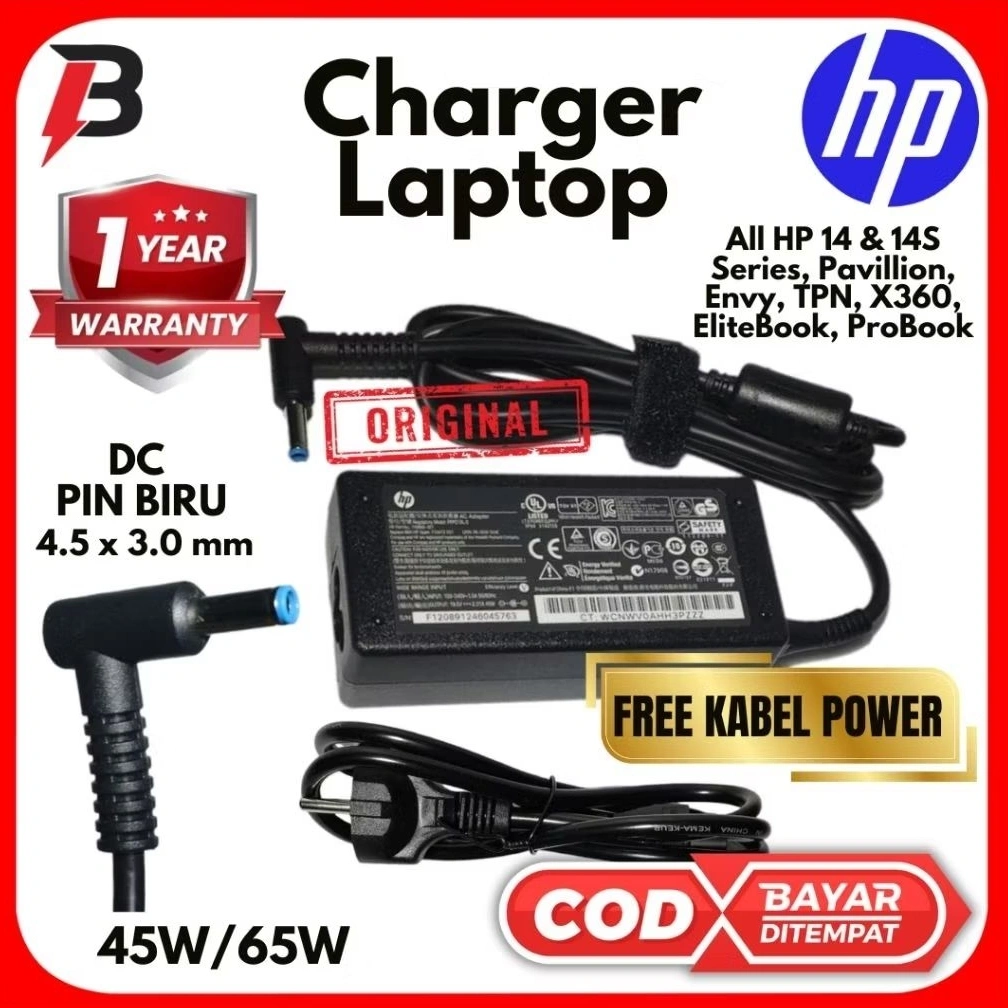 [GARANSI 1 TH] Charger Laptop HP Pavillion Original Pin Biru Envy TPN X360 Elitebook ProBook 3.33A 2.31A