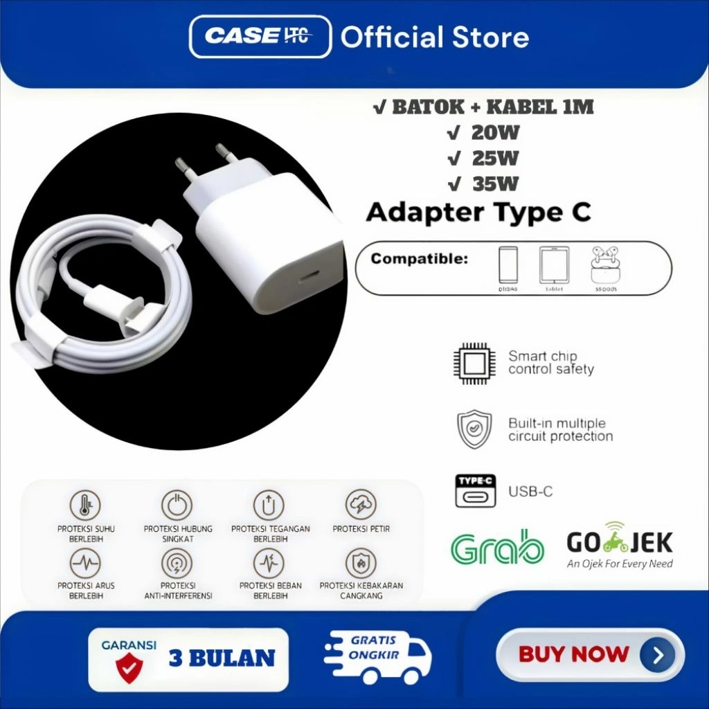 CASEITC Charger 1 SET iphone 7 8 X XR 11 12 13 14 15 16 20W 25W 35W Watt Adaptor Kabel Cable C to Lingthing USB-C CASAN