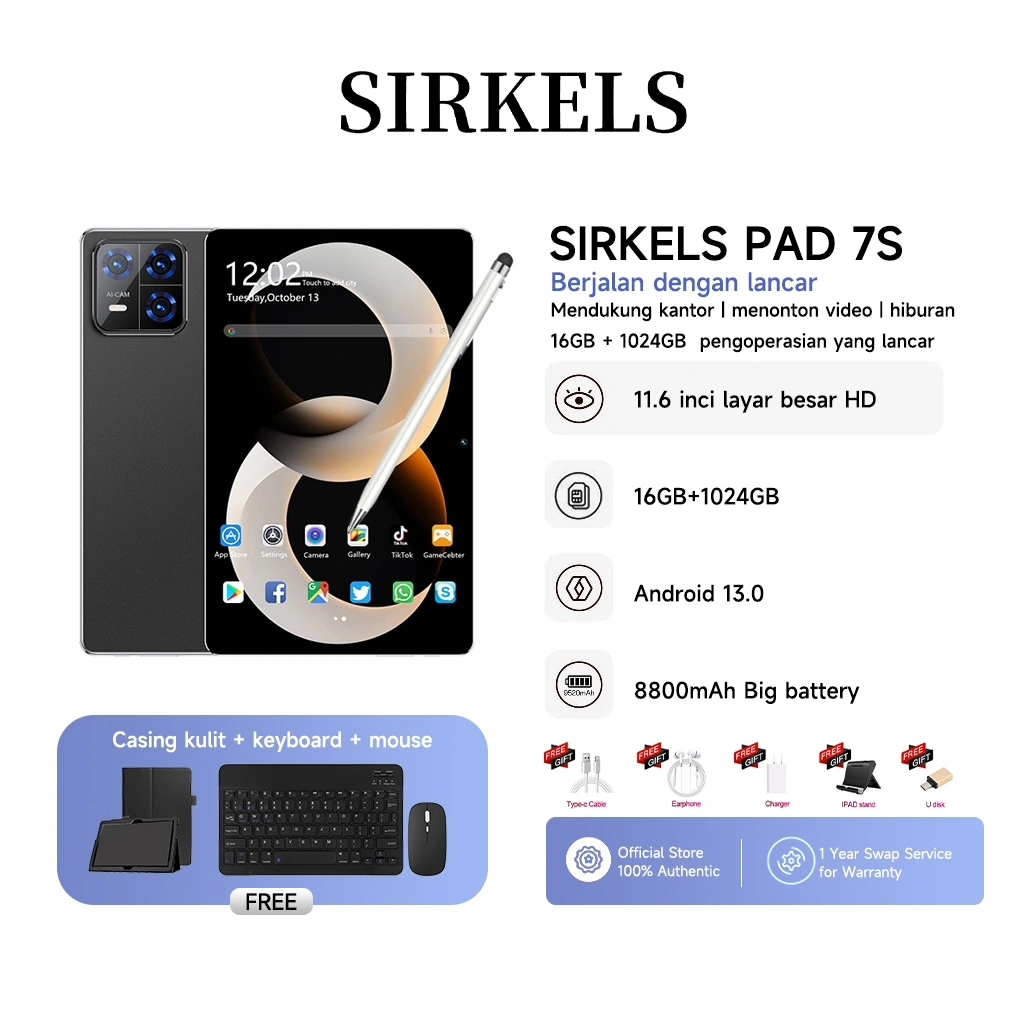 [Free Keyboard + Mouse + Case]SIRKELS Tablet Pad 7S | 16G/1024GB 11.6 inci [Sirkels Official Store]