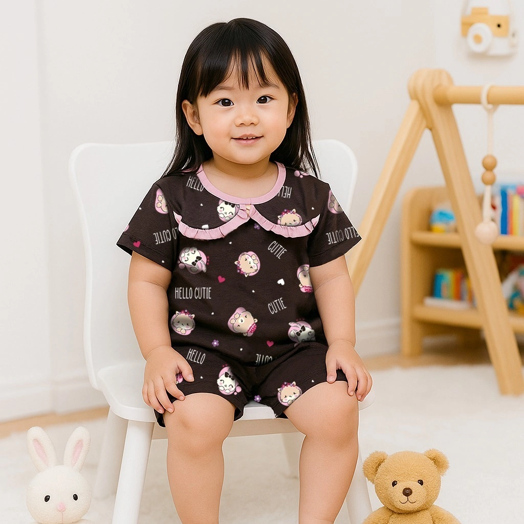 V3 / We3 Setelan Stelan Baju Tidur Piyama Anak Perempuan Tangan & Celana Pendek 1 - 13 Tahun Motif Bear