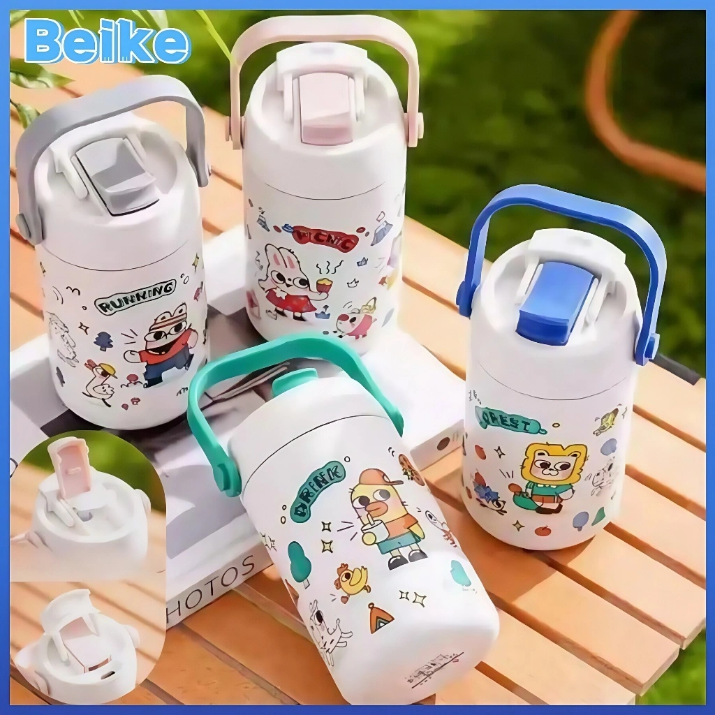 BeikeCPola kartun minuman anak-anak 500ml botol air minum anak-anak stainless steel portabel luar ruangan botol air minum anak-anak genggam cangkir air minum ganda dengan sedotan