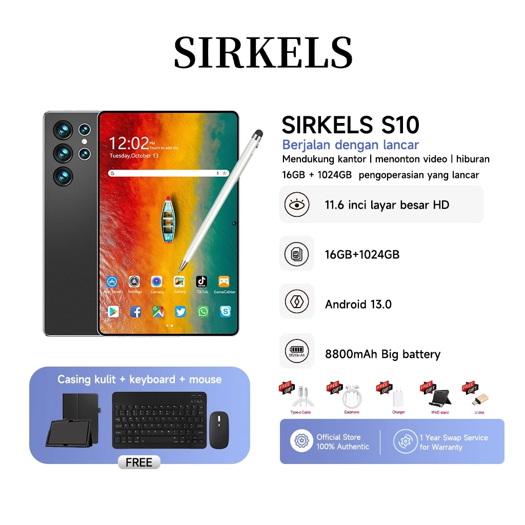 SIRKELS Tablet S10 | RAM 16GB + 1024GB ROM | Tablet + Mouse + Keyboard + Case | 5G Dual SIM Wifi | Layar besar 11.6 inci S10