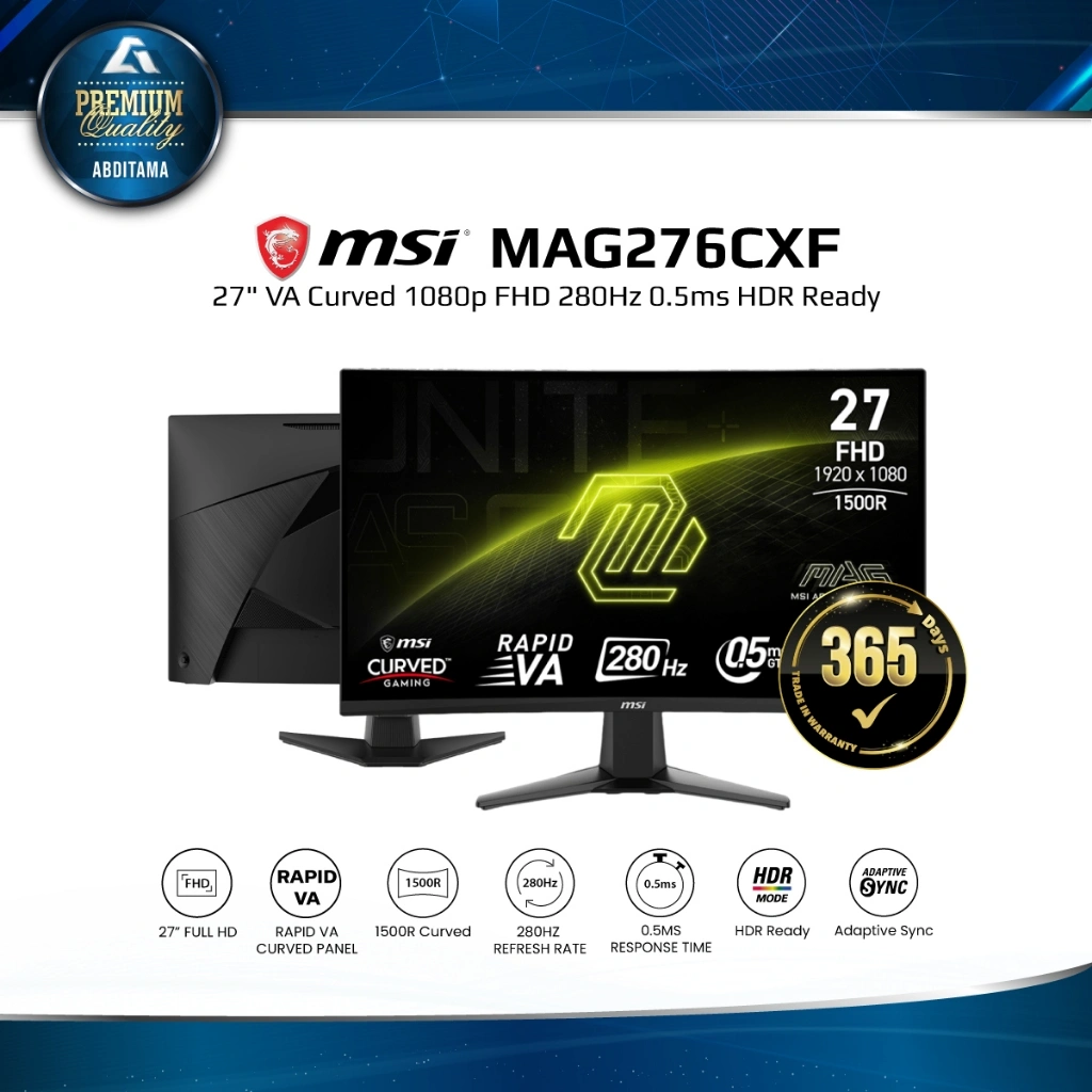 Monitor LED MSI MAG276CXF 276CXF 27" VA Curved 1080p FHD 280Hz 0.5ms HDR Ready 1500R HDMI 2.0x2 DP 1.4x1 VESA 100x100mm Adaptive Sync Technology toAchieve the smooth visual for your Gameplay