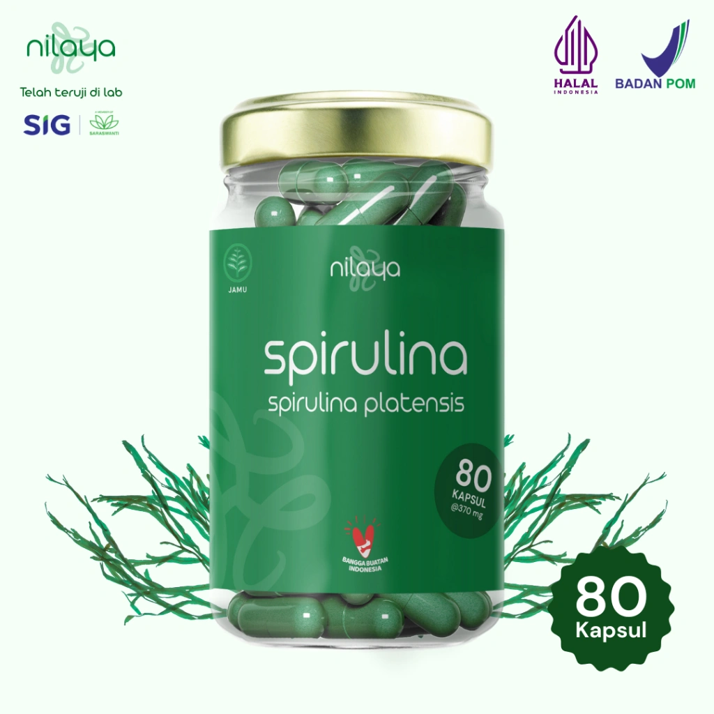 NILAYA Spirulina Kapsul - Isi 80 Halal & Organik - Botol Kaca - Buat masker wajah atau suplemen makanan - Suplemen makanan paling dicintai dari The Little Herbalist