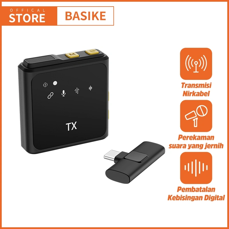BASIKE Mic Wireless Clip On Lapel Microphone Type C Lightning Reduksi Kebisingan for Vlog Live asli
