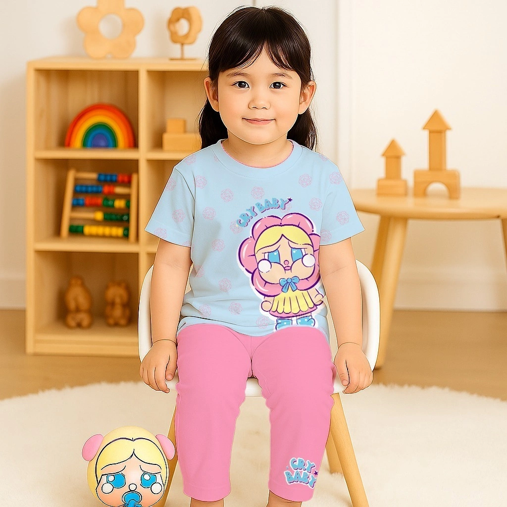 V3 / We3 Setelan Stelan Baju Tidur Piyama Anak Perempuan Tangan Pendek & Celana Panjang 1 - 13 Tahun Motif Cry Baby