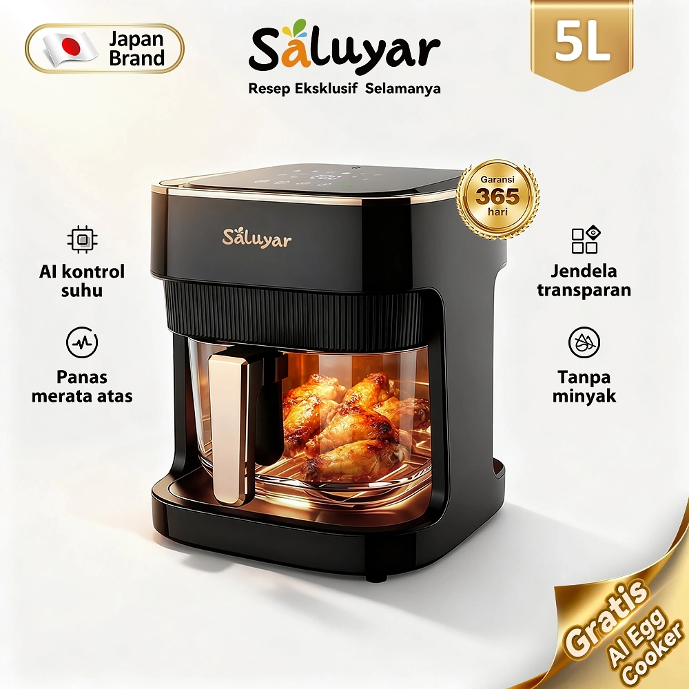 Saluyar Air Fryer Window 5L Digital | Low Watt 650W, Japan Brand, Anti Lengket, 6 Menu Otomatis