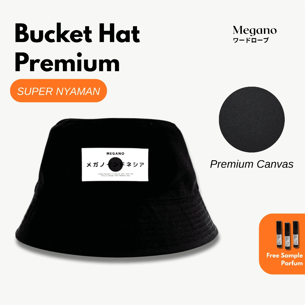 Megano.co - Topi Bucket Hat Black Premium Kanvas Twill Pria dan Wanita| Topi Gunung | Topi Mancing