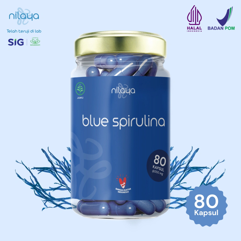 NILAYA Blue Spirulina - Isi 80 Kapsul BPOM, Halal & Organik - Phycocyanin kapsul - Botol Kaca Eco-friendly - Spirulina Biru kapsul