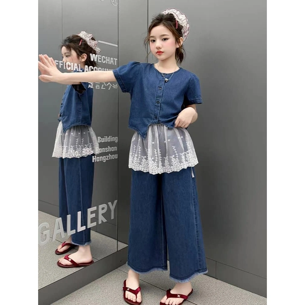 CELIA GIRL SET Setelan Anak Besar Korean Style Teenager Remaja Perempuan Blouse Lengan Pendek Celana Panjang Kulot Jeans Denim Fashionable Trendy Usia 7 Tahun - 12 Tahun