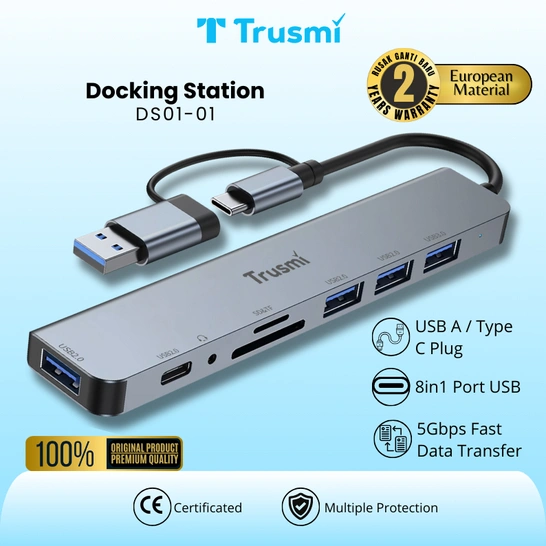Trusmi Docking Station 8in1 Type C 5Gbps – USB Hub - TF PD SD Card Reader Laptop MacBook iPad