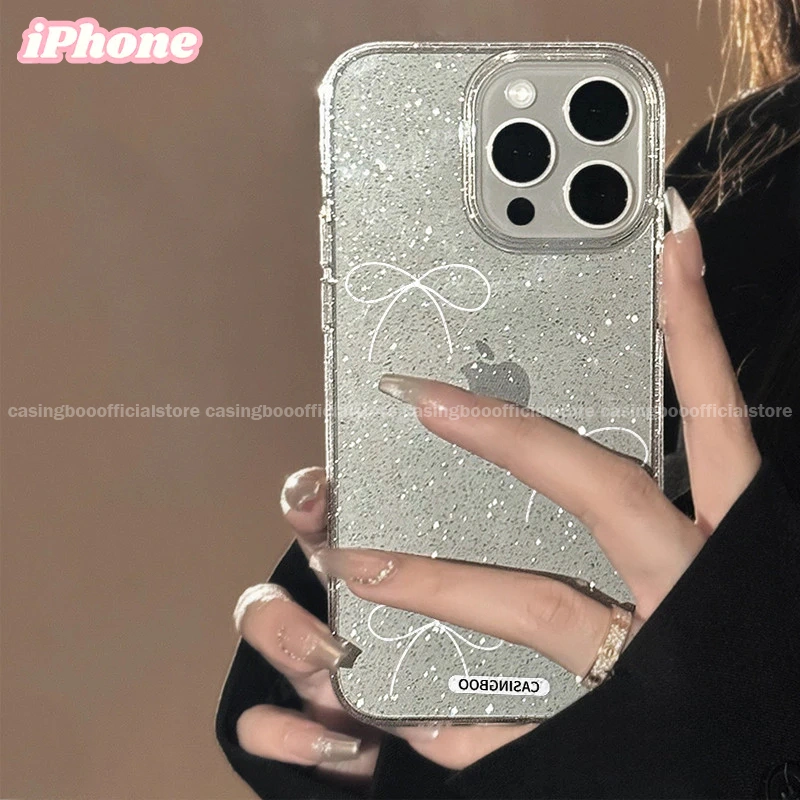 CASINGBOO - Transparent Art White Bow Pattern Glitter Phone Case IPhone 11 12 13 14 15 PROMAX 14 15 PLUS X XS XR XSMAX 6+ 7+ 8+ Fashion Simple Transparent Glitter Phone Case