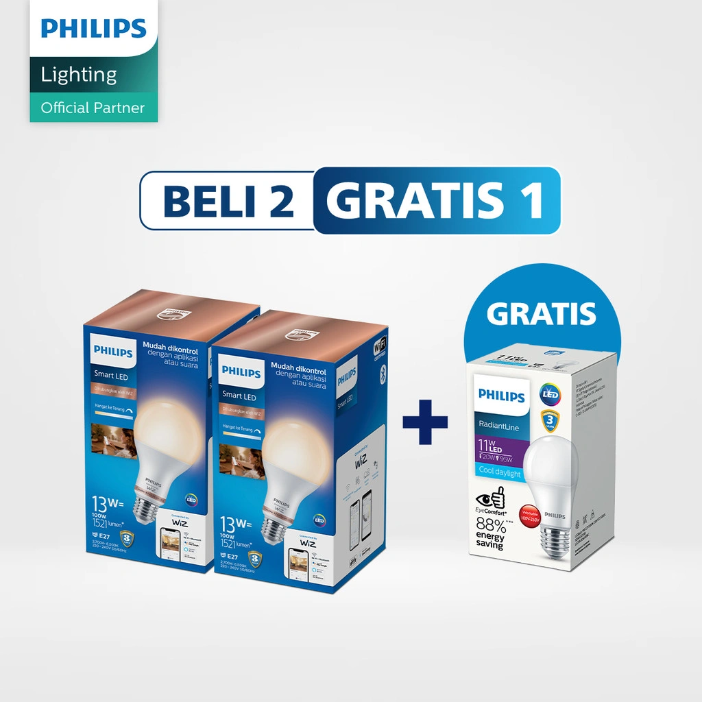 Beli 2 Philips Lampu Smart Wifi LED 13W Tunable White Gratis Lampu Philips RadiantLine LEDBulb 11W 6500K Putih