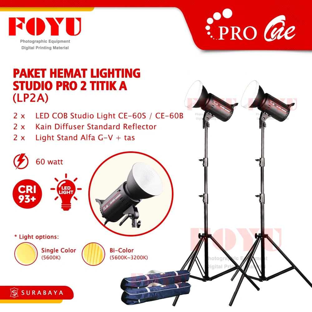 Paket LED COB Studio Light Lighting Pro 2 Lampu LP2A Foto Video 60 W Continuous Pro One