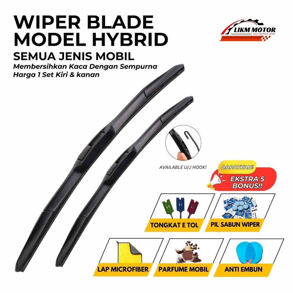 Wiper Mobil Hybrid Blade Universal 1 Set Kiri dan Kanan Model Hybrida Pembersih Kaca Depan dan Dapatkan Bonus 5 Item