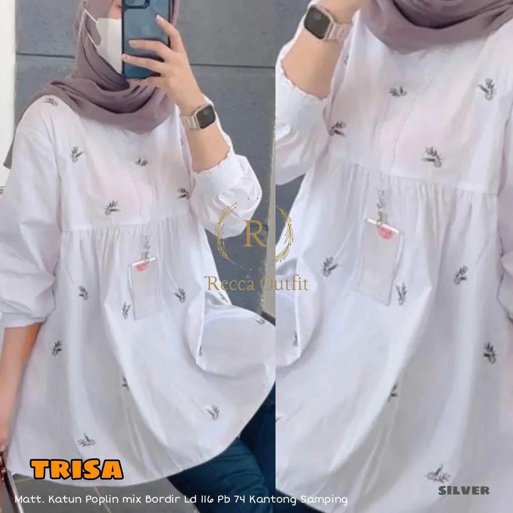 Blus ibu muda kekinian premium katun poplin. Trisa top bordir baju muslim lengan panjang by recca rahayu fashion