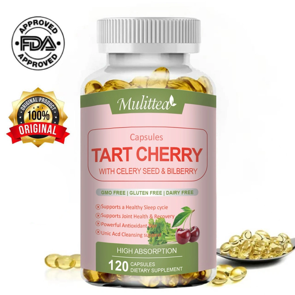 Mulittea Tart Cherry Uric Acid Cleanse Organic Celery Seed & Bilberry Extract Capsules 120pcs Joint Support Muscle Health Sleep & Mobility Polyphenols Supplement Kapsul Pembersih Asam Urat Tart Cherry untuk Dukungan Sendi Kesehatan Otot Tidur & Mobilitas