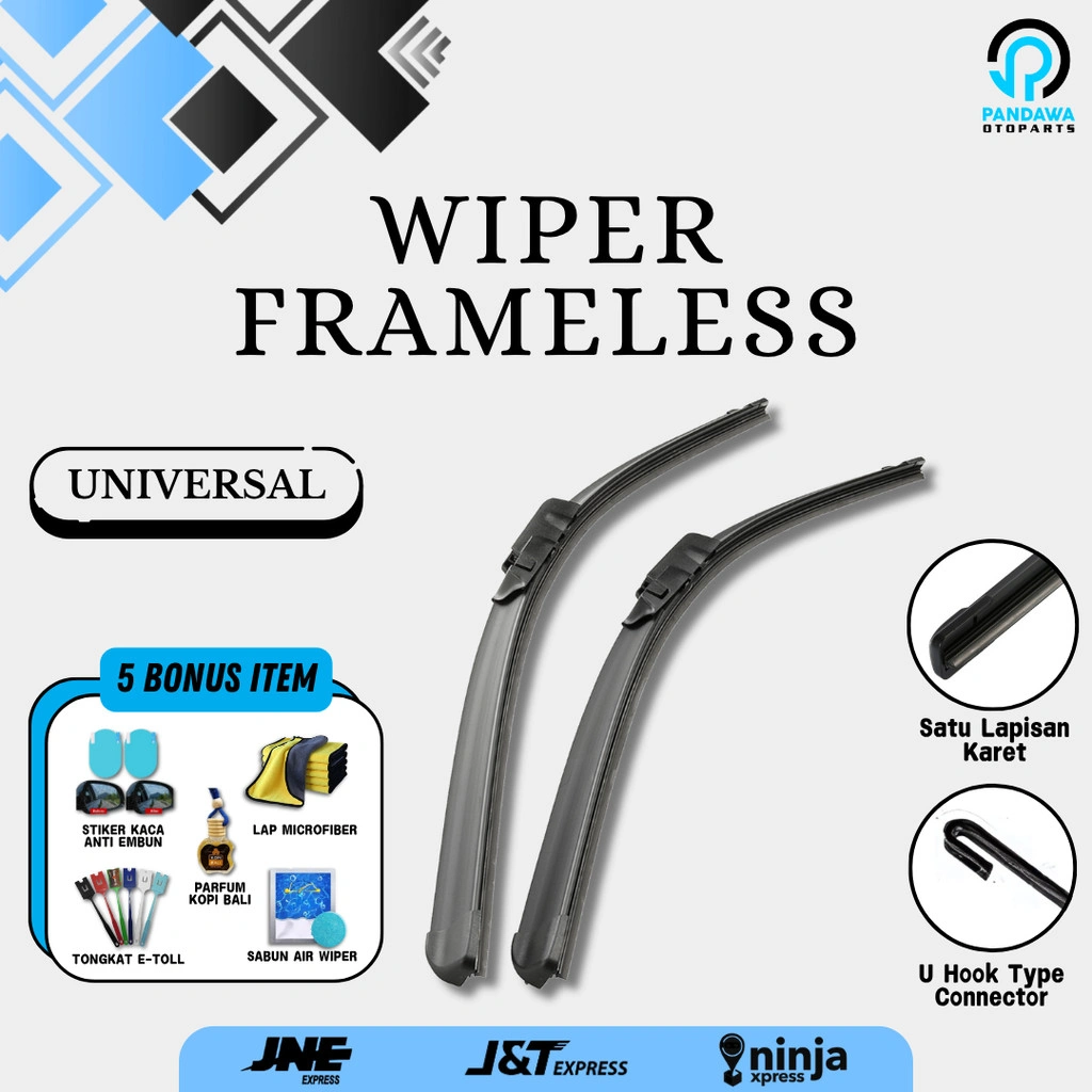 Wiper Mobil Frameless (2 Buah) Kiri dan Kanan untuk Semua Jenis Mobil Wiper Model Banana Tanpa Rangka Besi Bonus 5 Item U101