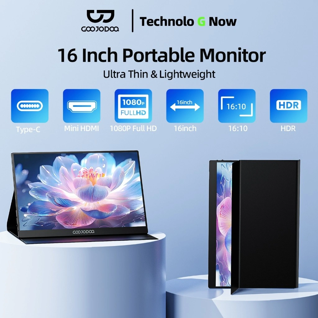 GOOJODOQ Portable Monitor for Laptop 16' 1920*1080P 4K FHD IPS Display Portable Monitor for iPad/PC/Mac/Phone/Xbox Switch/PS4