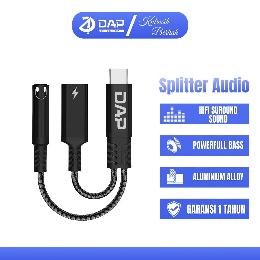 Kabel Type C Audio Splitter 2 in 1 Type C to AUX 3.5mm & Type C Audio 1 In 2 Out Original DAP DAU15