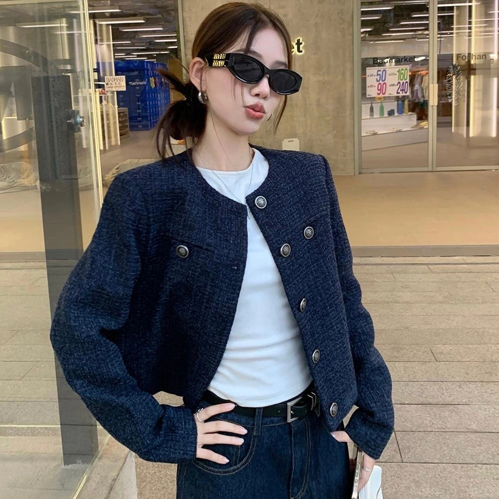 Korean Women's Navy Blazer Jacket - Slim Fit Casual Office Outfit | Spring Autumn Hangout Wear M688