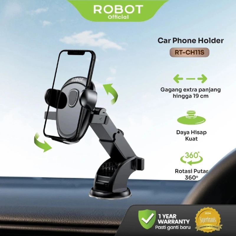 ROBOT Universal Car Holder Rotasi 360 Derajat Triangle Lock Design Suction Cup Stand Holder HP Mobil RT-CH11S Original