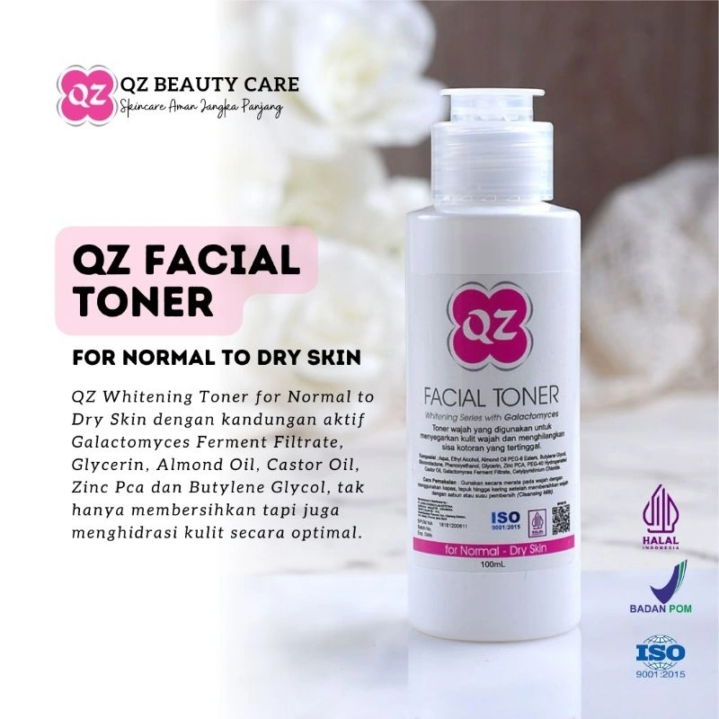 QZ FACIAL TONER FOR NORMAL TO DRY SKIN | Whitening Toner For Normal To Dry Skin | Hydrating Exfoliating Toner with Galactomyces Ferment Filtrate | Melembapkan | Mencerahkan | Mengangkat Sel Kulit Mati | Mengontrol Sebum | Toner Kulit Normal Kering