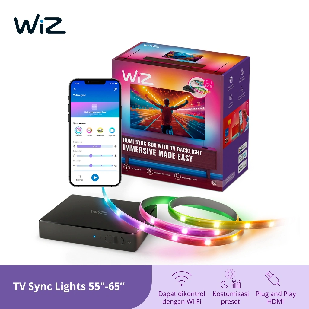 WiZ TV Sync Lights 55”- 65” with HDMI Box - Lampu TV, Bundle TV Sync 55"-65" + Xiaomi Stick