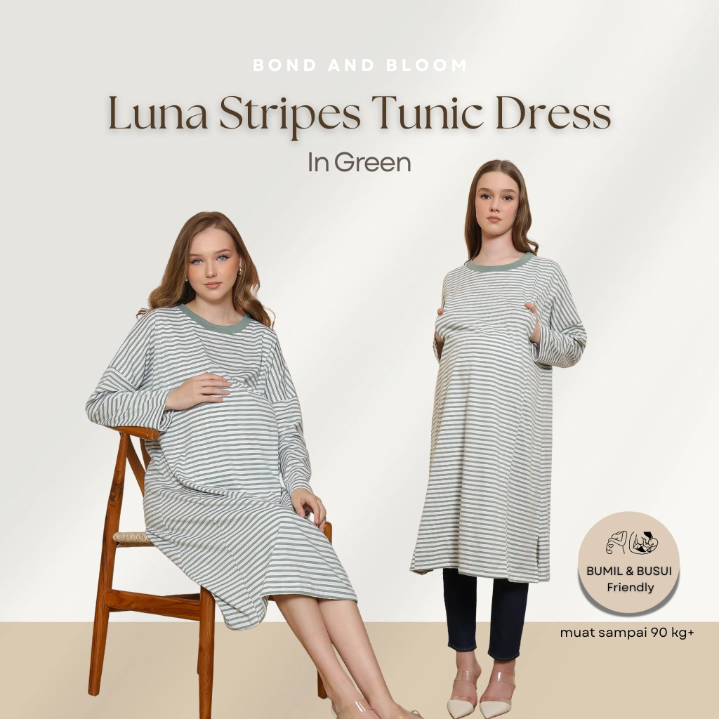 Bond and Bloom Luna Pregnant & Nursing Tunic Dress In Green, Baju Hamil & Menyusui, Katun Premium