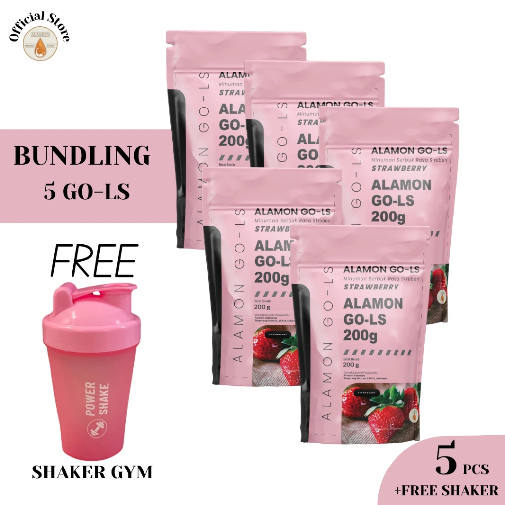 COMBO GO-LS 5 pcs FREE SHAKER / Susu Protein dan Gainer / Whey, Strawberry Extract, Malt, Full Cream