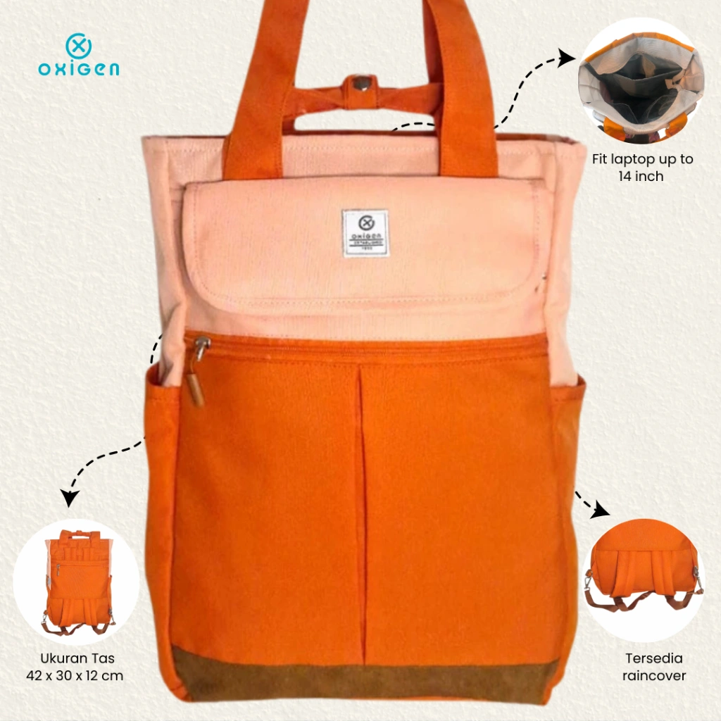 Oxigen Adora Tas Ransel Laptop Wanita Polyester Totepack Free Raincover