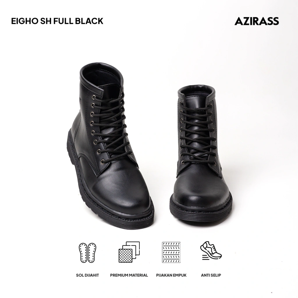 Azirass - Eigho Black Sepatu Boots Pria Wanita Sepatau Docmart Kulit Hitam Original Kerja Kondangan