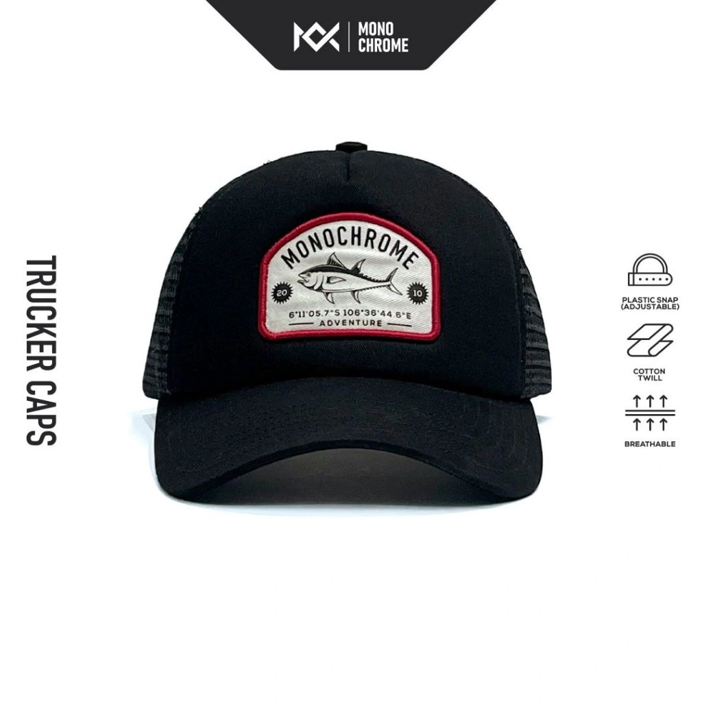 Monochrome Topi Pria Trucker Cotton Twill Hat Outdoor Black Tuna