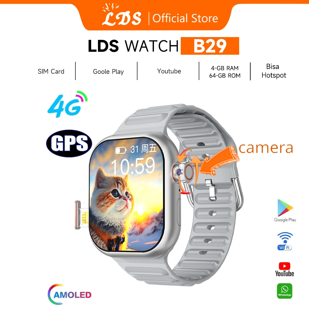 [Bisa hotspot / Bisa video Call]LDS 4G Smartwatch B29 Sim Card Wifi 6+64GB PlayStore Bluetooth GPS NFC Full Touch Screen Phone Call IP68 Waterproof Wireless Charge Sport Jam Tangan Wanita Smart Watch Pria Jam Tangan Couple