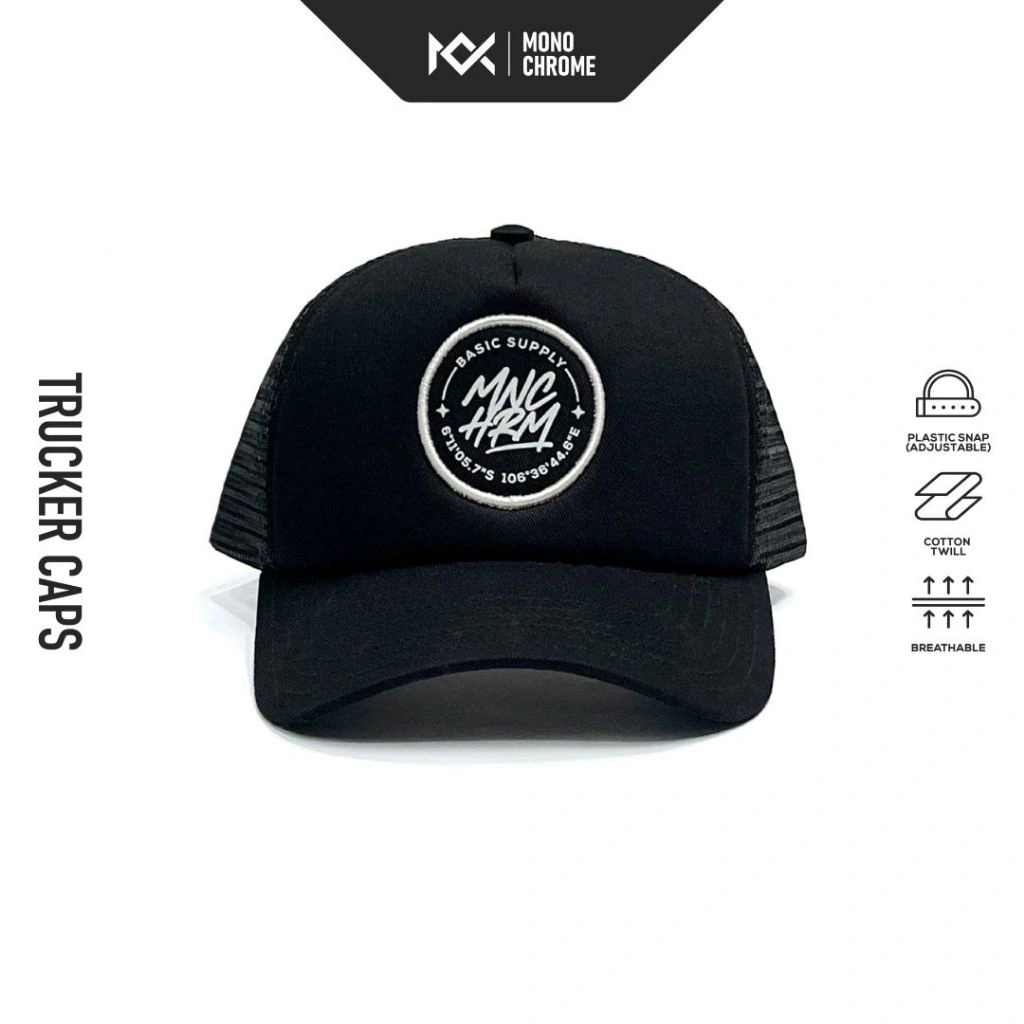 Monochrome Topi Pria Trucker Jaring Cotton Twill Hat Outdoor Hi Black