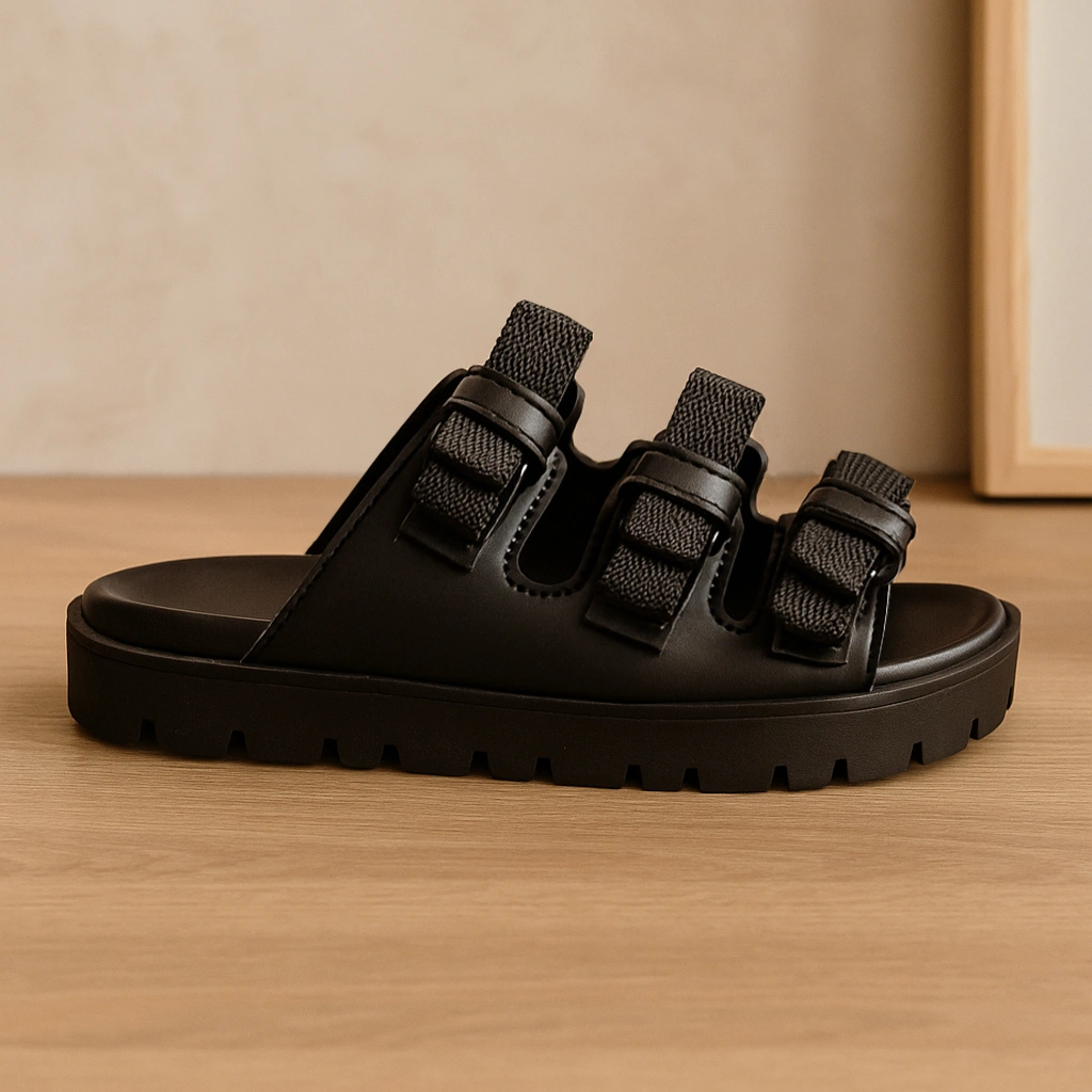 Mioka Webbing Jaggy Sole Le Norte - Sepatu Sandal Footbed Slides Wanita Platform Sandal Tali Hitam