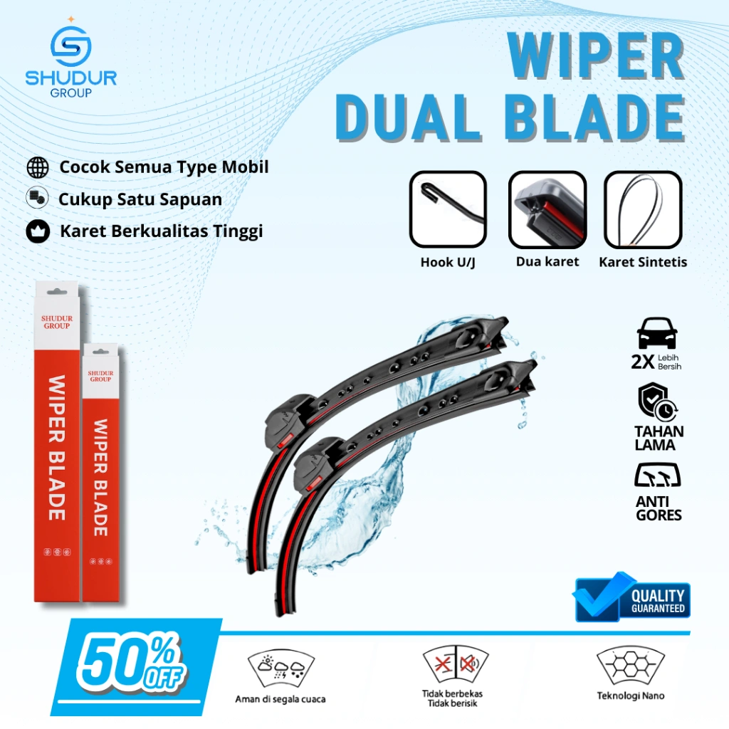 Shudur Wiper Mobil Double Blade 2 Lapis Karet Frameless Dual Layer 2 Karet Universal Sepasang