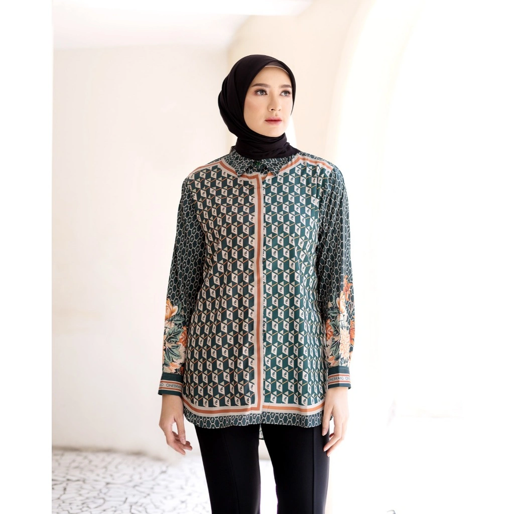 ONEBRANDHIJAB - Kemeja Muslim Wanita ROSE GREEN | Silk premium | Motif Printed