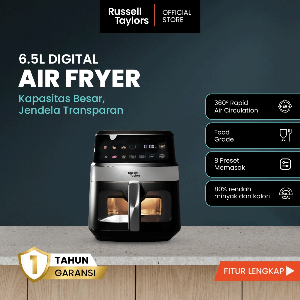 Russell Taylors Z7 1000 W Air Fryer Jendela Transparan 6.5L Multifungsi Digital Layar Sentuh Garansi Resmi 1 Tahun