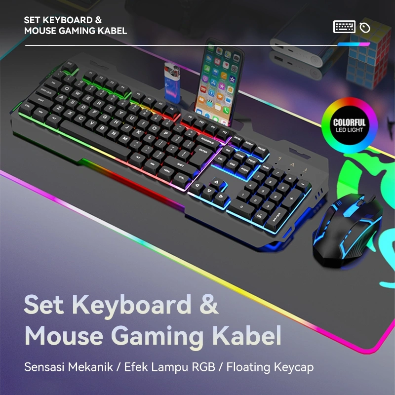 [HOT]BASIKE Keyboard Mouse 1 Set Wired Kabel USB Gaming RGB Silent Click untuk Laptop Computer ipad