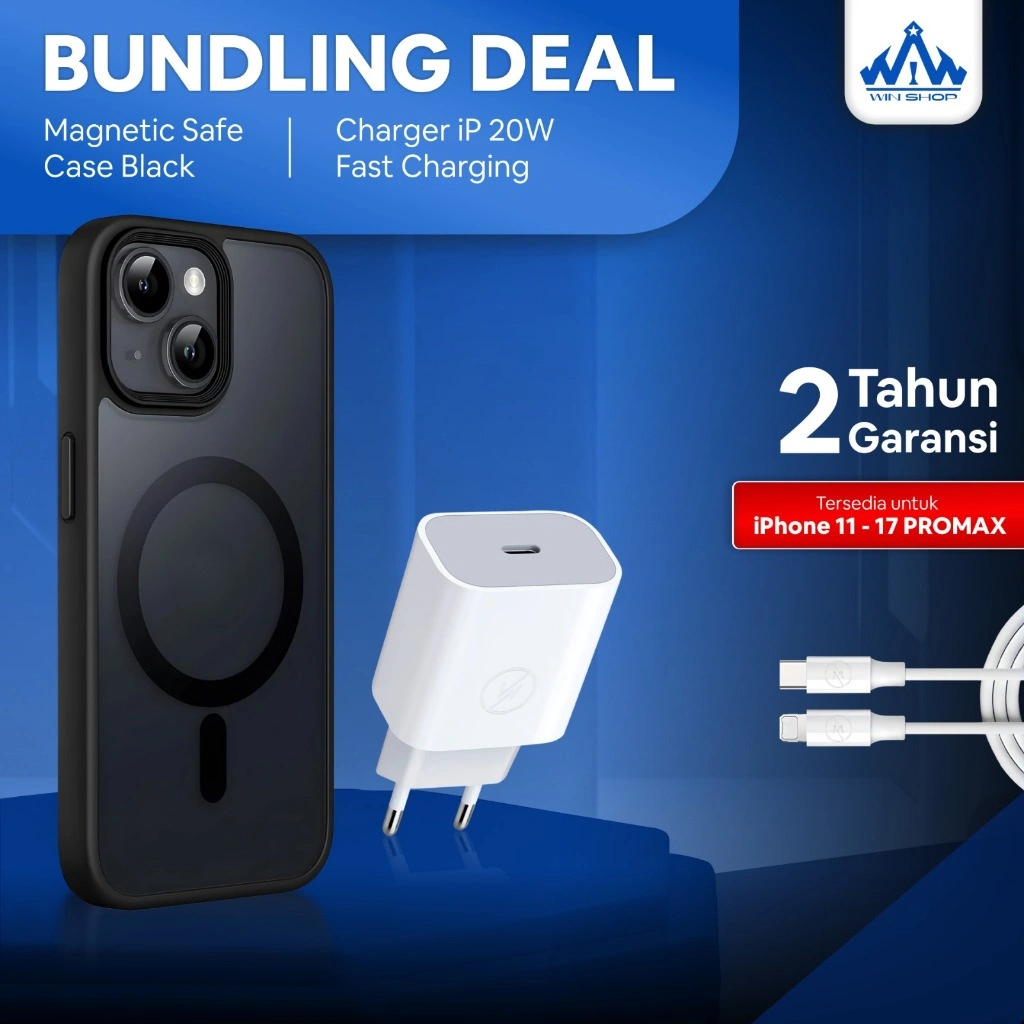 (Bundling) Set Charger 20W + Kabel Lightning + MagSafe Magnetic Black Case iPhone 11 12 13 14 Promax
