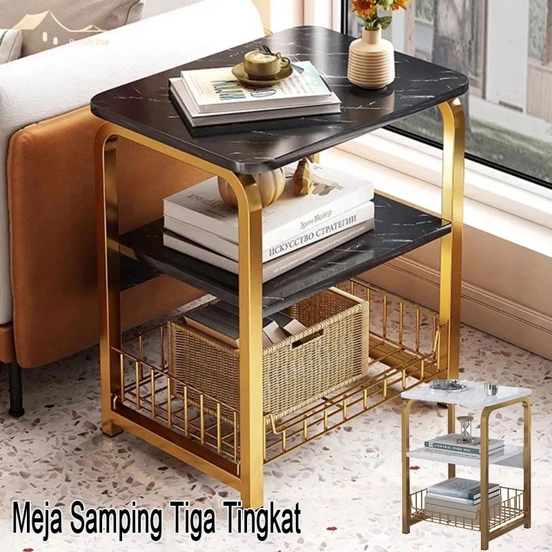 Meja Tamu 3 Tingkat Motif Marmer - Meja Samping Minimalis Untuk Ruang Tamu, Cafe, Atau Teras Dengan Desain Elegan & Multifungsi
