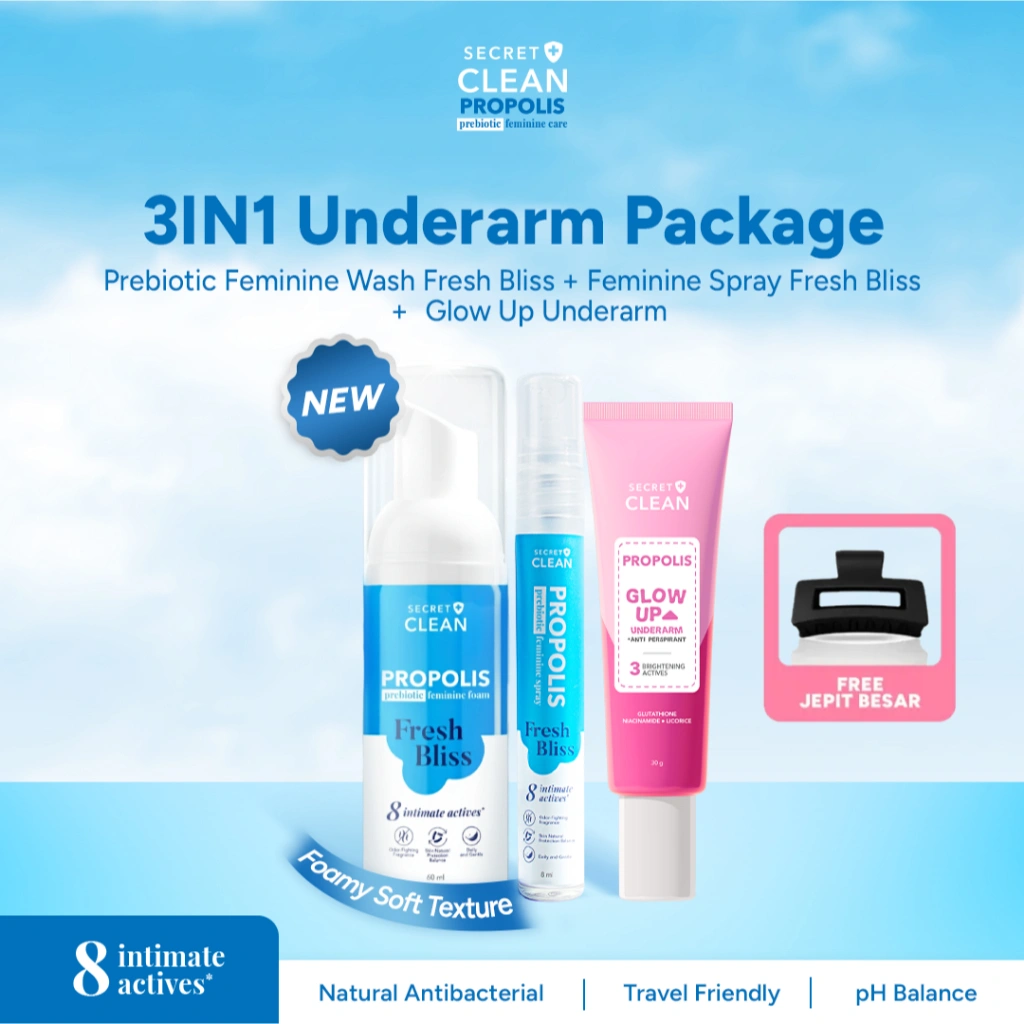 [FREE Jepit] Secret Clean Propolis Glow Up Underarm Brightening Cream + Prebiotic Spray Fresh Bliss + Feminine Wash / Foam | Cerah Bersih & Sehat