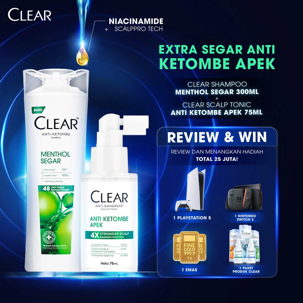 [BUNDLE HEMAT] CLEAR Shampoo Menthol Segar Anti Ketombe 300ml + CLEAR Anti Dandruff Scalp Tonic Hair Tonic Anti Ketombe Apek 75ml - Bundle EKSTRA SEGAR ANTI KETOMBE APEK