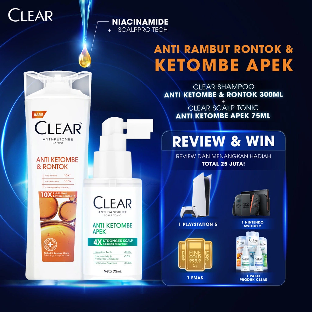 [BUNDLE HEMAT] CLEAR Shampoo Anti Ketombe & Rontok 300ml + CLEAR Anti Dandruff Scalp Tonic Hair Tonic Anti Ketombe Apek 75ml - Bundle ANTI RAMBUT RONTOK & KETOMBE APEK