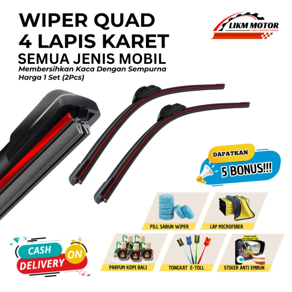 Wiper Mobil Quad 4 Lapis Karet Universal 1 Set Kiri dan Kanan Paket 5 Bonus Item