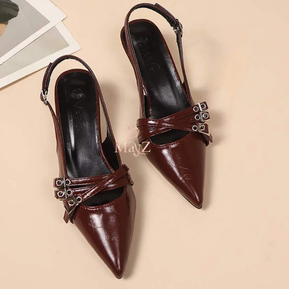 MAYZ Qafiya Heels 5cm Wanita Slingback Sepatu Kitten Heels Black Red Silver 1115