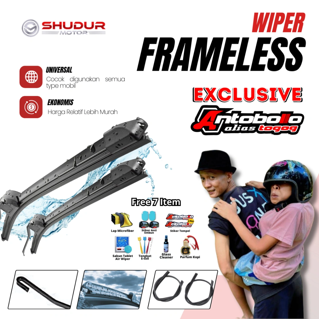 [SPECIAL ANTOBOLLO X SHUDUR MOTOR] Wiper Frameless Kaca Mobil 1 Set Kiri dan Kanan Tanpa Rangka Besi Windshield Blade Karet untuk Semua Jenis Kendaraan Mobil Bonus 7 Item Free Sticker Decal Hologram Antobollo