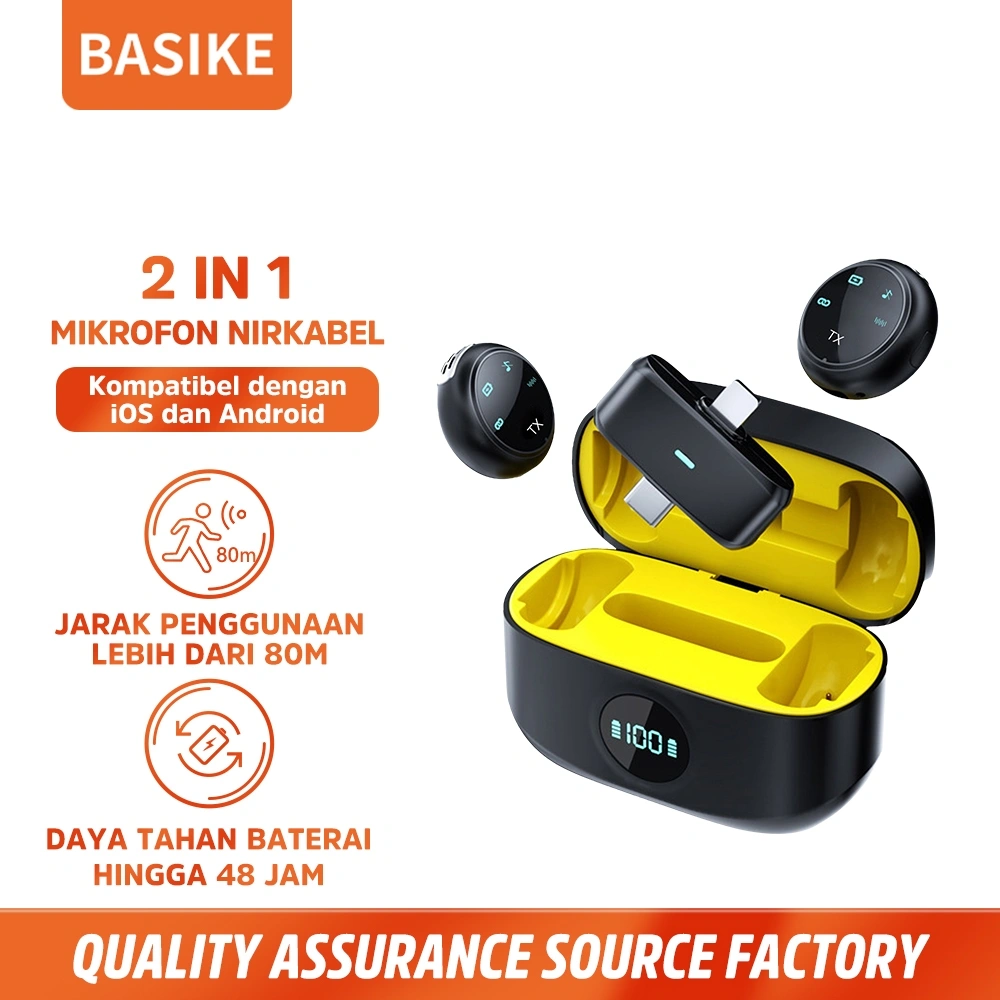 [HOT]BASIKE Mic Wireless Clip On Type C iPhone 2-in-1 Noise Cancelling for Live Recording Wawancara